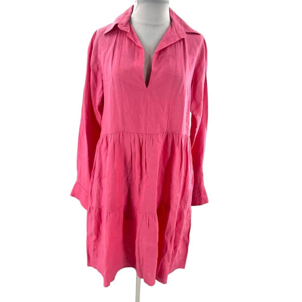 LJC Designs Hot Pink 100% Linen Tiered Mini Dress Long Sleeve V-Neck‎ Medium